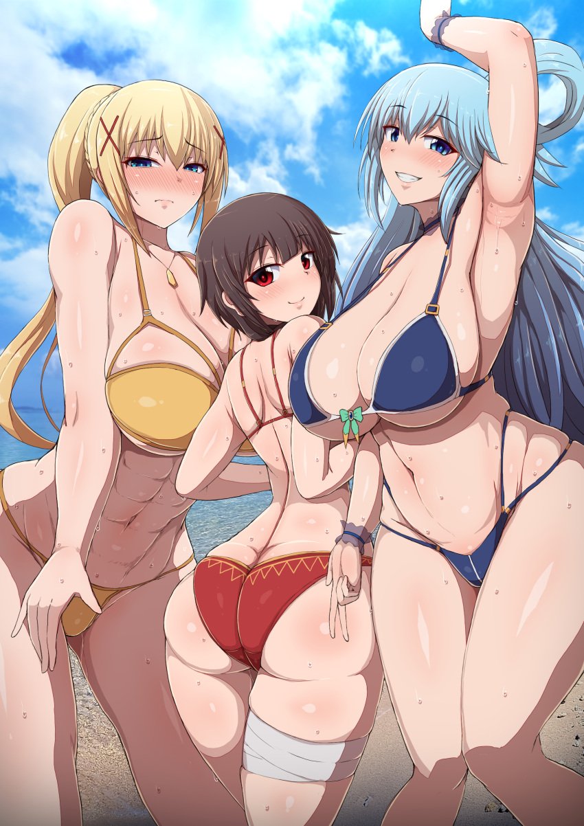 3girls aqua_(konosuba) ass beach bikini blonde_hair blue_eyes blue_hair breast_size_difference breasts brown_hair darkness_(konosuba) female female_only height_difference hips huge_breasts kono_subarashii_sekai_ni_shukufuku_wo! light-skinned_female light_skin long_hair megumin multiple_girls outdoors ponpo red_bikini red_eyes short_hair small_breasts thick_thighs thighs wide_hips