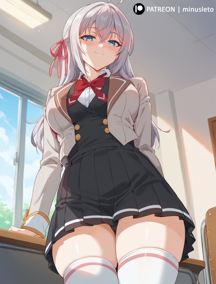 1girls 2024 ai_generated alisa_mikhailovna_kujou blue_eyes blush indoors minusleto school_uniform schoolgirl smile stable_diffusion stockings thick_thighs tokidoki_bosotto_russian_de_dereru_tonari_no_alya-san