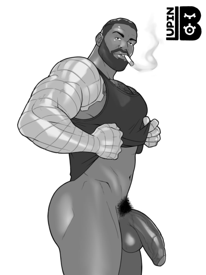 abs balls bara biceps big_balls big_penis clothing daddy dilf flaccid hairy_chest jax_briggs lupin_barnabi male male_focus male_only male_pubic_hair manly mature_male monochrome mortal_kombat muscular_male pecs penis smoking smoking_cigarette solo solo_focus solo_male