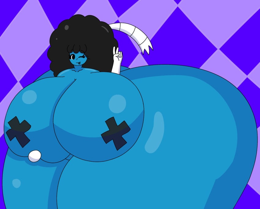 1girls afro ass big_ass big_breasts blue_body bomb_girl breasts bubble_butt cleavage colossal_ass covered_nipples enormous_ass female female_focus female_only gigantic_ass huge_ass huge_breasts hyper_ass hyper_breasts large_ass large_breasts lewd_rem34 looking_at_viewer massive_ass massive_breasts nude one_eye_closed pasties peace_sign tagme thick_thighs thunder_thighs tongue tongue_out v_sign wide_hips wink