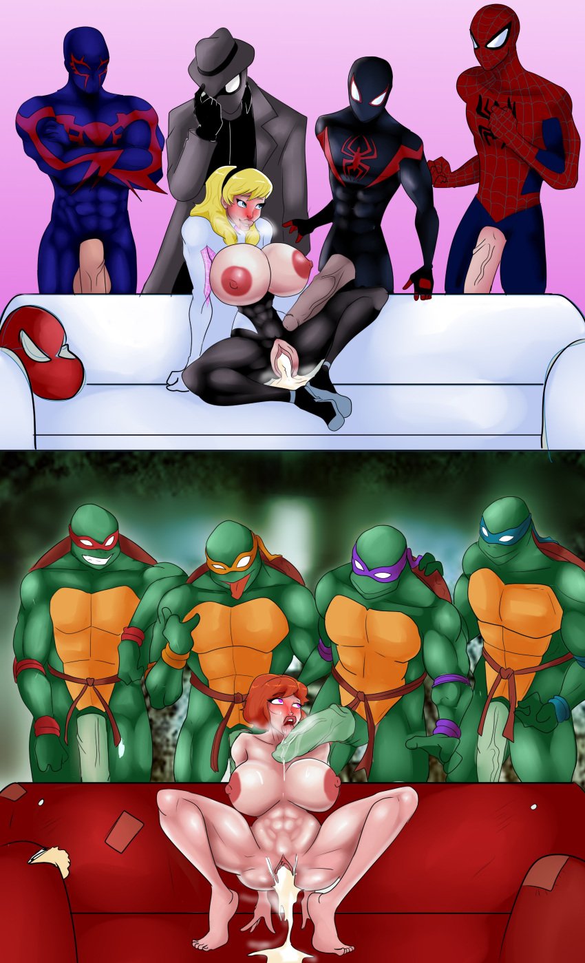 2girls 8boys after_vaginal alternate_breast_size anthro april_o'neil april_o'neil_(tmnt_1987) brothers crossover cum cum_in_pussy cum_inside dark-skinned_male dark_skin donatello dripping_pussy female gwen_stacy hairband hpz-97 huge_cock human human_female human_male interracial interspecies leonardo light-skinned_female light-skinned_male light_skin marvel marvel_comics michelangelo miguel_o'hara miles_morales multiple_boys multiple_girls oversized_penis penis raphael scalie spider-gwen spider-man spider-man_(series) surrounded teenage_mutant_ninja_turtles turtle vaginal wet_pussy