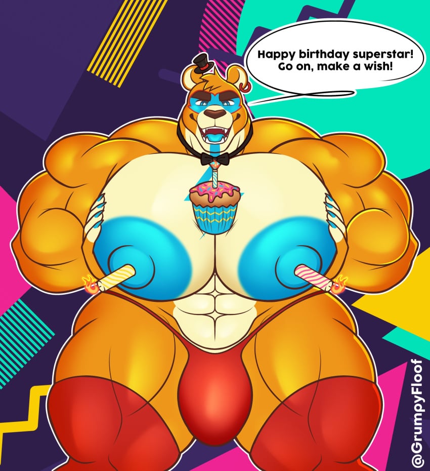 1boy 80's_theme abs abstract_background absurd_res anthro areola barazoku bear biceps big_areola big_bulge big_muscles big_nipples big_pecs birthday bow_tie bulge candle claws clothed clothing cupcake deltoids ear_piercing ear_ring english_text eyebrows five_nights_at_freddy's five_nights_at_freddy's:_security_breach food front_view fur glamrock_freddy glamrock_freddy_(fnaf) grumpyfloof hand_on_chest hand_on_pecs hat headgear headwear hi_res huge_areola huge_arms huge_bulge huge_muscles huge_nipples huge_pecs huge_thighs legwear looking_at_viewer male male_focus male_only mammal markings muscular muscular_anthro muscular_male nipple_fetish nipple_penetration nipple_play nipples only_male open_mouth open_smile pec_grab pec_squeeze pecs penetration piercing quads ring_piercing scottgames smile solo_male standing steel_wool_studios talking_to_viewer teeth text thick_arms thick_thighs thigh_highs thong thong_only tongue top_hat topless topless_anthro topless_male tuft underwear underwear_only