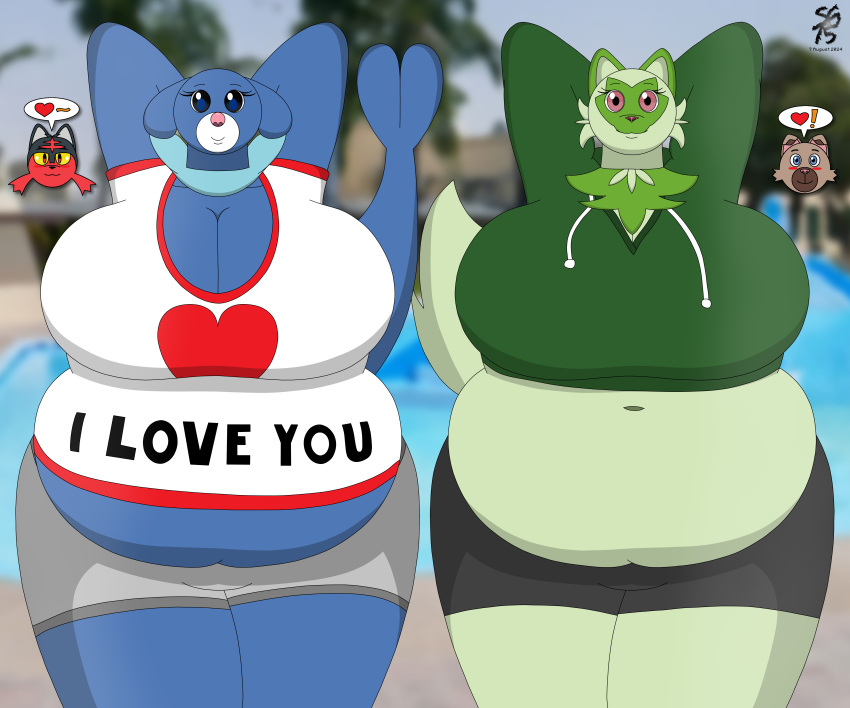 2024 2girls 2girls2boys background bbw belly belly_button big_belly big_breasts blue_body blush blushing_at_partner breasts canine cat_ears cat_humanoid cat_tail chubby chubby_anthro chubby_belly chubby_female chubby_legs clothed clothes clothing dialogue dialogue_bubble expressions fat fat_belly fat_breasts fat_female fat_legs fat_thighs fat_woman feline feline_humanoid female girls green_body heart legs litten mammal mammal_breasts mammal_humanoid mia_sandoval_(solandgamer75) nintendo overweight overweight_anthro overweight_female pink_nose pokemon pokemon_(species) pool popplio pose rockruff seal seal_humanoid seal_tail solandgamer75 sprigatito thighs