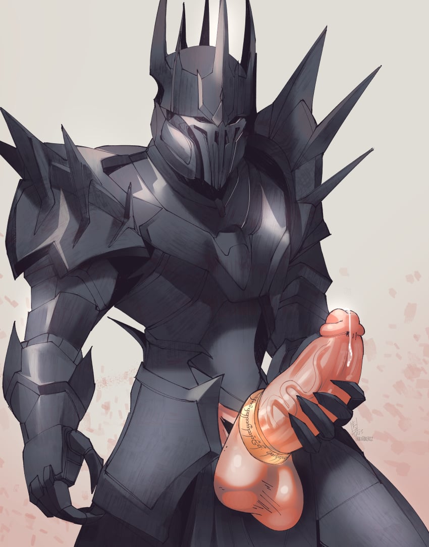 1boy armor balls bara cock_ring erection helmet knight lord_of_the_rings male male_only masturbation muscular_male penis precum precum_drip sauron_(lotr) skerzzz