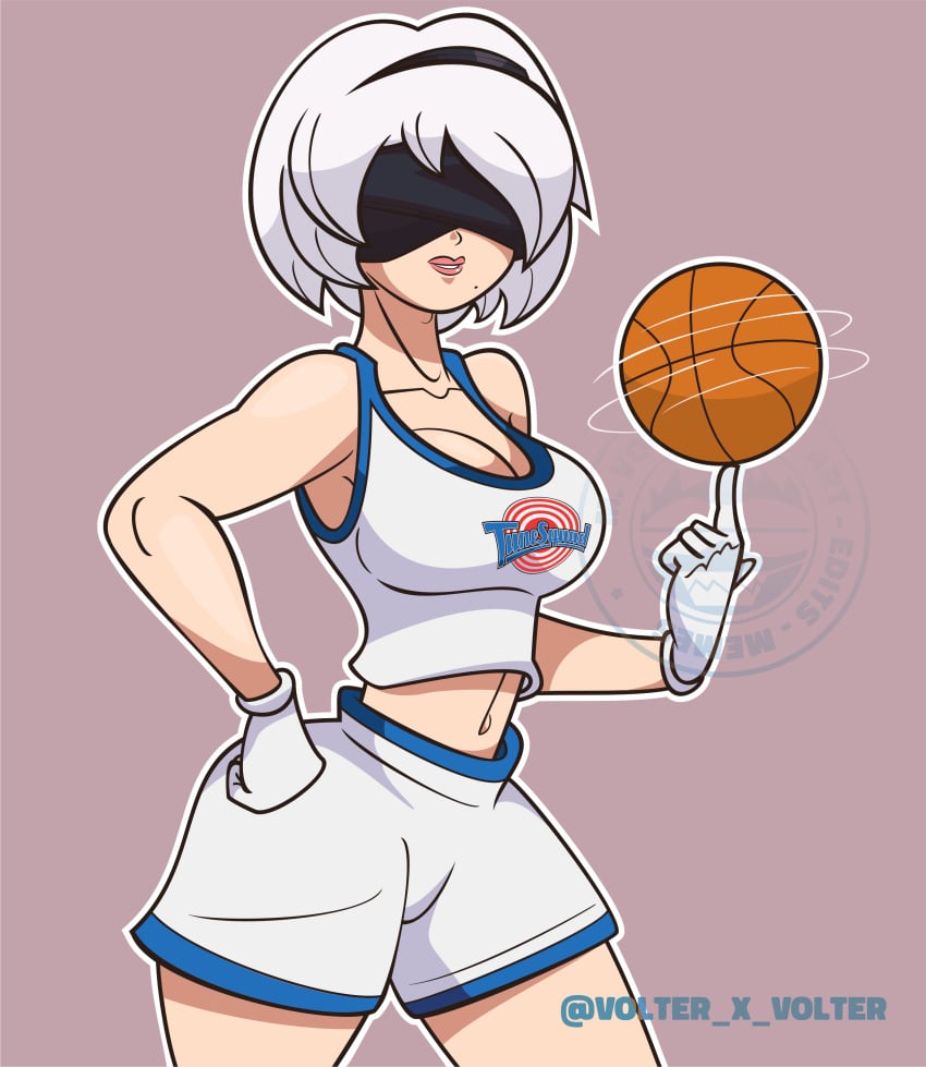 basketball basketball_uniform big_breasts blindfold cosplay lola_bunny_(cosplay) lola_bunny_(human) nier:_automata nier_(series) space_jam white_hair yorha_2b