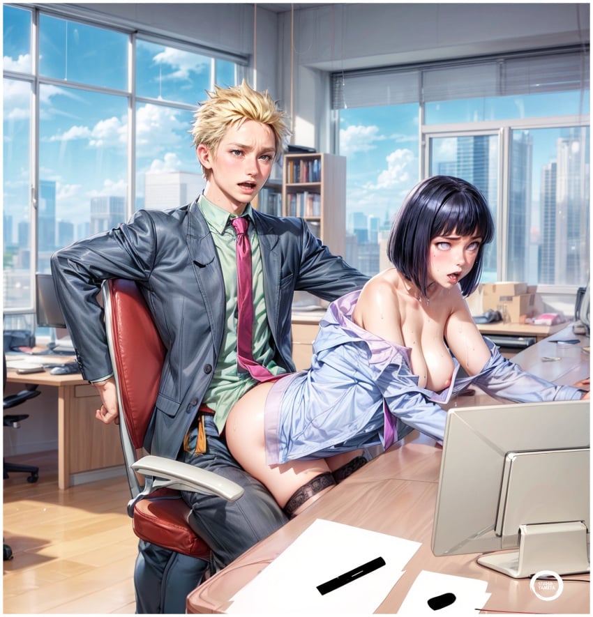 1boy 1girls ai_generated ass big_breasts blue_hair bob_cut boots boruto:_naruto_next_generations cheating cleavage doggy_style hyuuga_hinata naruto naruto_(series) office_chair office_clothing office_lady office_sex purple_eyes reverse_cowgirl_position short_hair undressed undressing yametastudio