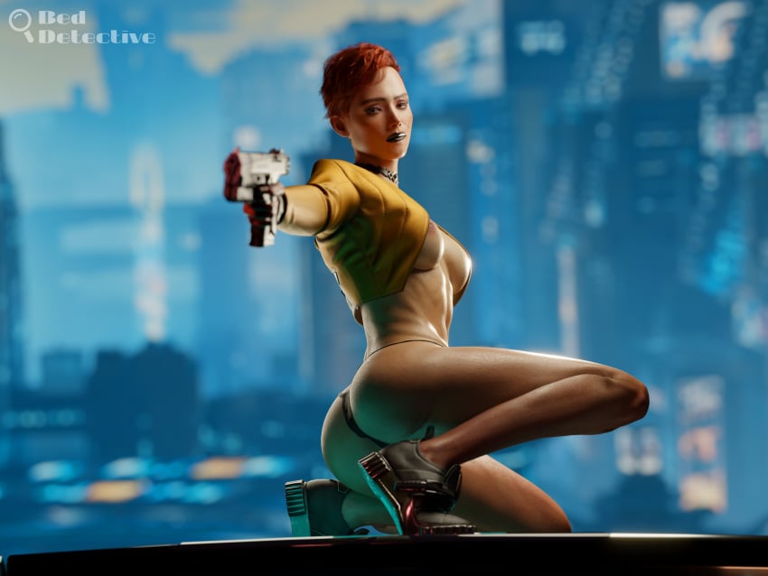 1girls 3d abs areolae ass aurore_cassel beddetective blurry_background breasts cd_projekt_red cyberpunk_(series) cyberpunk_2077 female female_focus female_only gun hi_res high_resolution highres large_ass large_breasts nipples red_hair short_hair solo solo_female solo_focus