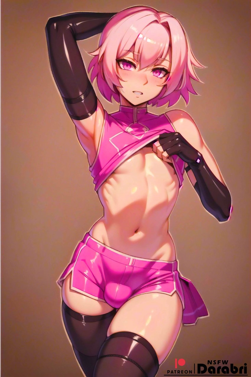 1boy abstract_background ai_generated armpits arms_up astolfo_(fate) cute darabri fate_(series) femboy feminine_male girly logo medium_hair midriff otoko_no_ko patreon patreon_logo pink_eyes pink_hair shorts slutty_outfit thighs tight_fit toned trap yaoi