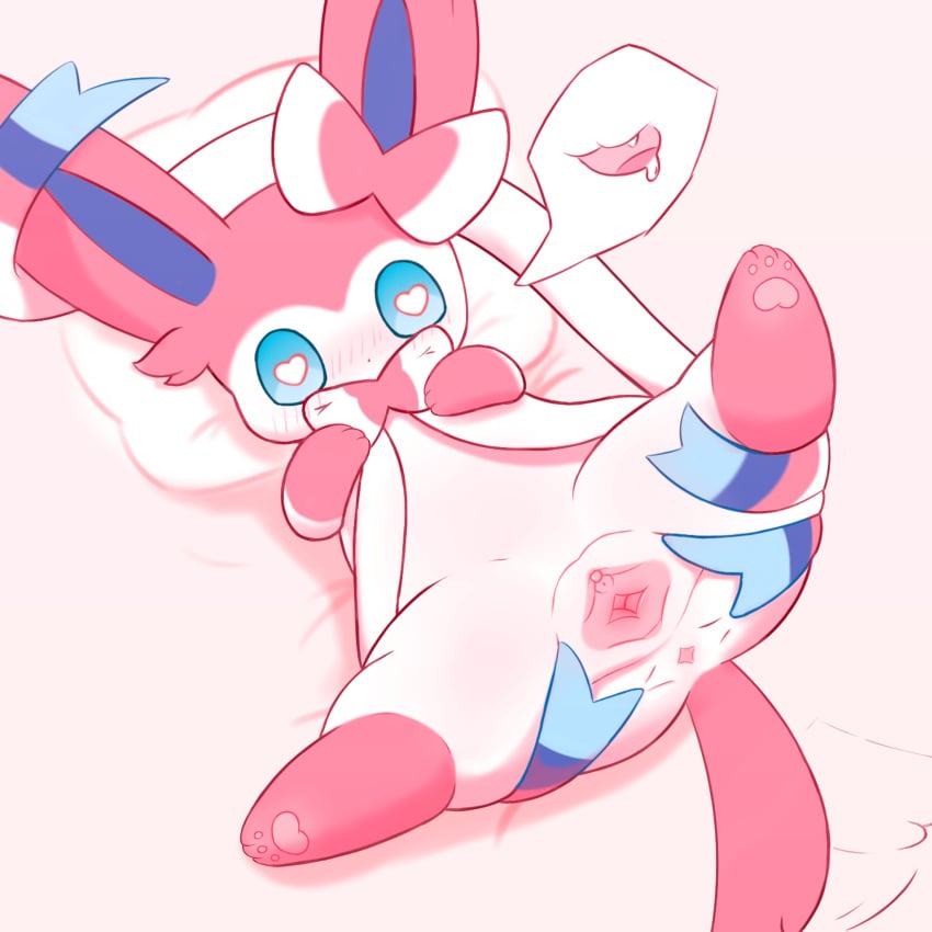 anus ass bed blush bmq bodily_fluids clitoris eeveelution female feral furniture generation_6_pokemon genitals heart_eyes heart_symbol hi_res lying nintendo on_back on_bed plump_labia pokemon pokemon_(species) pussy saliva solo spread_anus spread_butt spread_legs spread_pussy spreading sylveon thick_thighs urethra