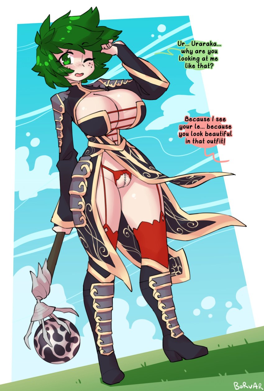 1girls big_breasts black_clothing borvar breasts cleavage english_text female female_deku female_focus freckles garter_belt garter_straps genderswap_(mtf) gray_clothing green_eyes green_hair izuku_midoriya lingerie metin2 midoriya_izuku my_hero_academia red_panties red_stockings revealing_clothes rule_63 sexy_underwear shaman_(metin2) skimpy skimpy_clothes skimpy_panties stockings text underwear white_skin