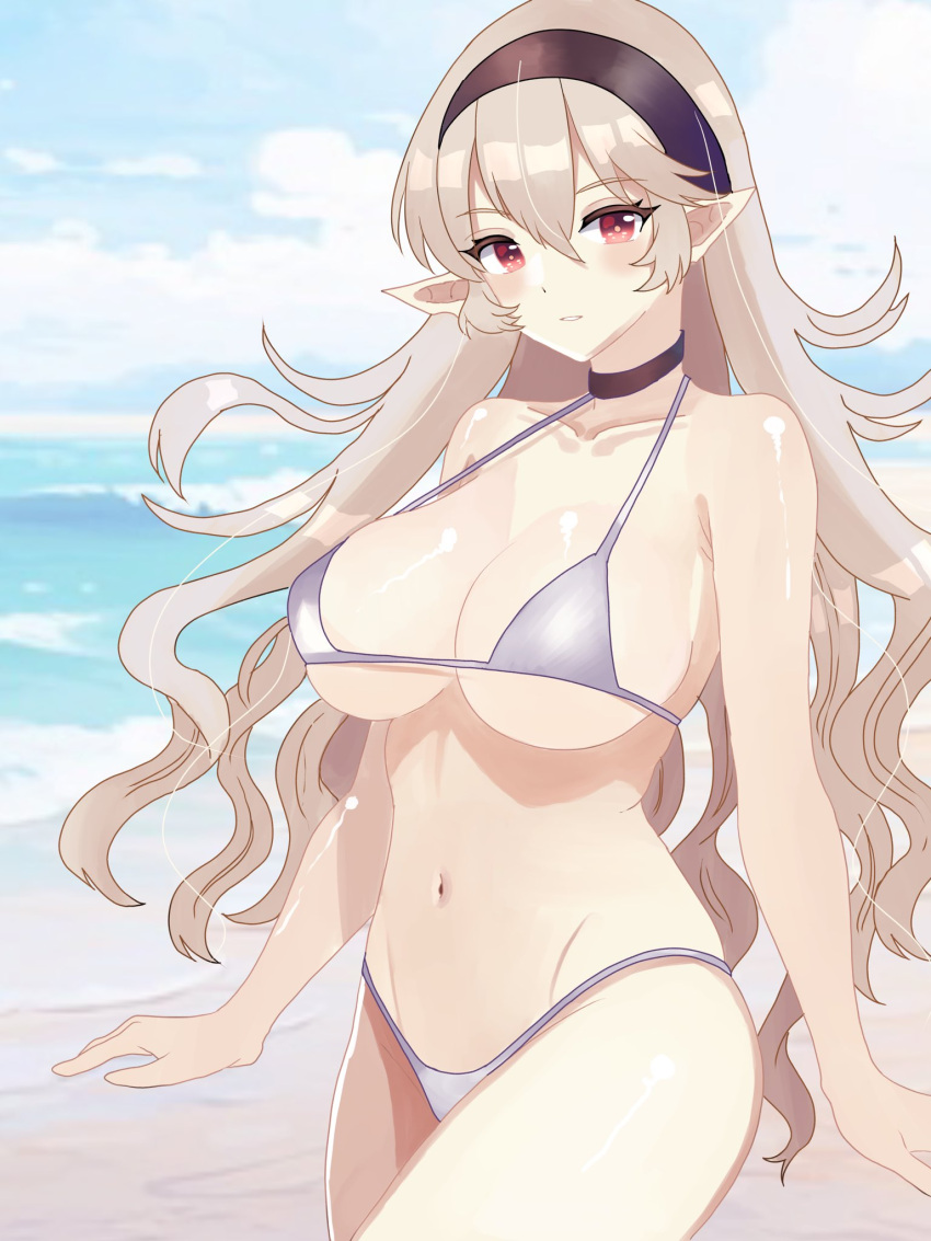 1girls alternate_costume beach bikini black_choker black_hairband breasts choker collarbone corrin_(female)_(fire_emblem) corrin_(fire_emblem) female female female_only fire_emblem fire_emblem_fates grey_bikini grey_hair grey_swimsuit hair_between_eyes hairband halterneck highleg highleg_bikini highres large_breasts long_hair looking_at_viewer n_54 navel nintendo ocean outdoors pointy_ears red_eyes sideboob solo standing swimsuit underboob wavy_hair