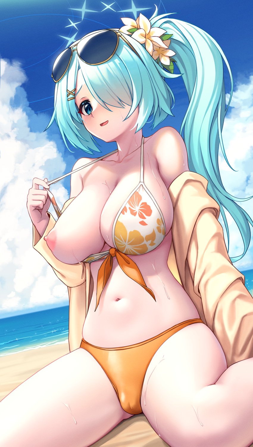 arius_satellite_school_student arius_squad_(blue_archive) blue_archive blush cameltoe halter_bikini halter_top halterneck hiyori_(blue_archive) hiyori_(swimsuit)_(blue_archive) large_breasts one_breast_out open_mouth sitting smile tbeach wariza