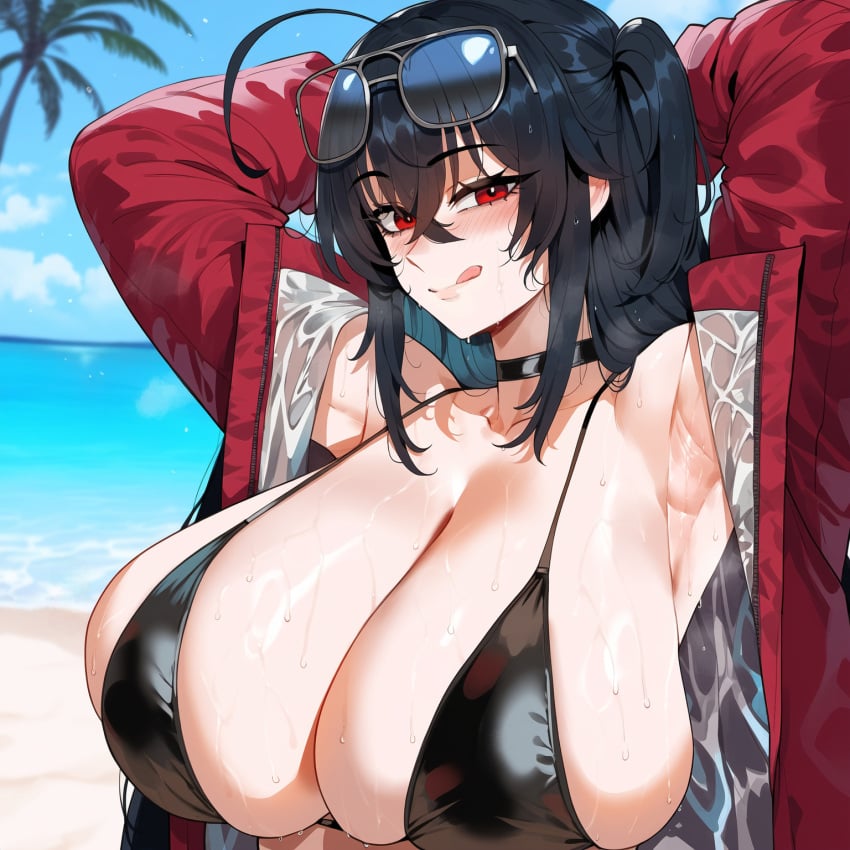 ai_generated armpits arms_behind_head azur_lane beach bikini black_bikini black_hair breasts_bigger_than_head cleavage creamy_ai curvy huge_breasts jacket licking_lips long_hair red_eyes red_jacket taihou_(azur_lane) taihou_(enraptured_companion)_(azur_lane) upper_body