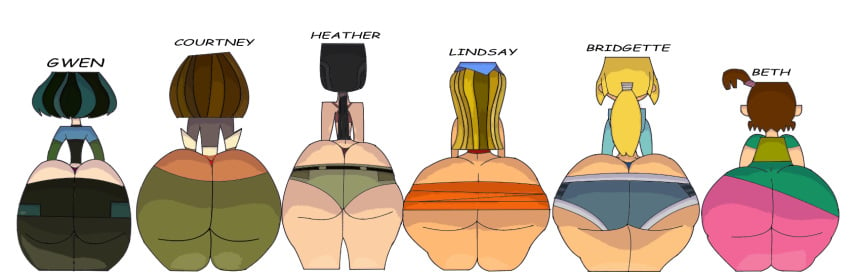 6girls ass_comparison ass_focus beth_(tdi) big_ass bottom_heavy bridgette_(tdi) courtney_(tdi) gray_shorts green_shorts gwen_(tdi) heather_(tdi) huge_ass large_ass lindsay_(tdi) nini_mihy shorts thick_thighs total_drama_island voluptuous wide_hips