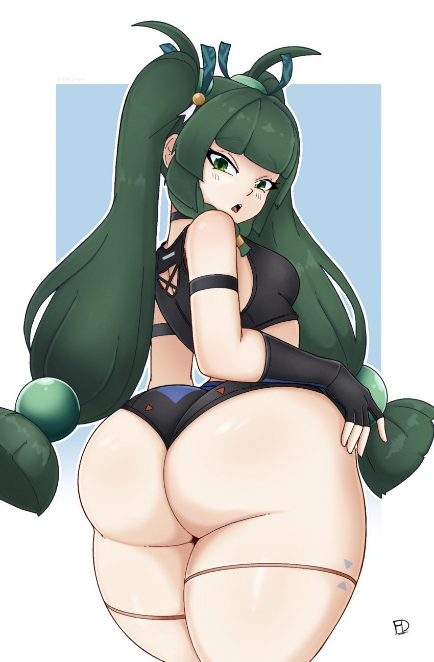 1girls android ass big_ass bottom_heavy bubble_butt clothing crop_top dat_ass fat_ass female female_only fiffer green_hair huge_ass large_ass looking_at_viewer looking_back png police policewoman qingyi_(zenless_zone_zero) robot robot_girl shorts solo thick_ass thick_thighs wide_hips zenless_zone_zero