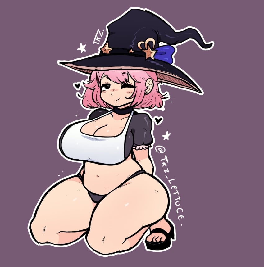 female looking_at_viewer pink_hair short_hair shortstack smiling_at_viewer wendalin_parker_(kejohndrawing) winking winking_at_viewer witch_hat zivartx