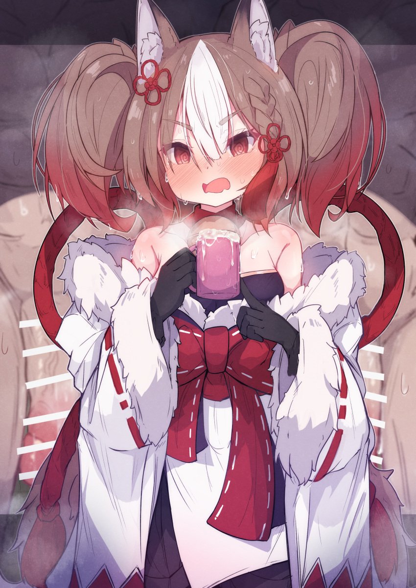 1girls animal_ears background_character blush blushing_profusely confusion cum cum_in_container cum_in_cup female_focus fox_ears fox_girl fully_clothed glass_of_cum gloves gokkun morino831 sekka_(shadowverse) shadowverse standing sweat sweating_profusely