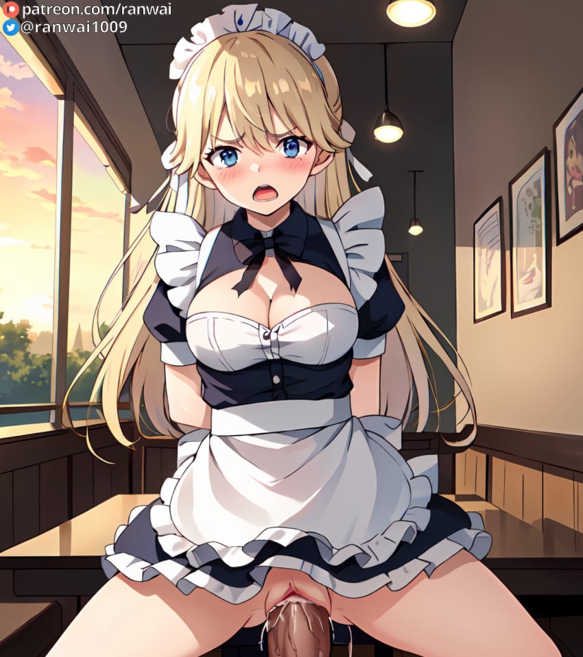 1boy ai_generated apron arms_behind_back bangs black_bow black_dress blonde_hair blue_eyes blush bow bowtie breasts classroom_of_the_elite cleavage cleavage_cutout clothed_sex clothing clothing_cutout cowgirl_position cowgirl_position dress female female frilled_apron frilled_dress frills hair_between_eyes headdress headwear indoors large_breasts long_hair looking_at_viewer maid maid_apron maid_headdress male medium_breasts nanase_tsubasa open_mouth penis puffy_short_sleeves puffy_sleeves ranwai ribbon semen sex short_sleeves solo_focus spread_legs stable_diffusion straddling straight teeth uniform vagina vaginal_penetration waist_apron white_apron window youkoso_jitsuryoku_shijou_shugi_no_kyoushitsu_e