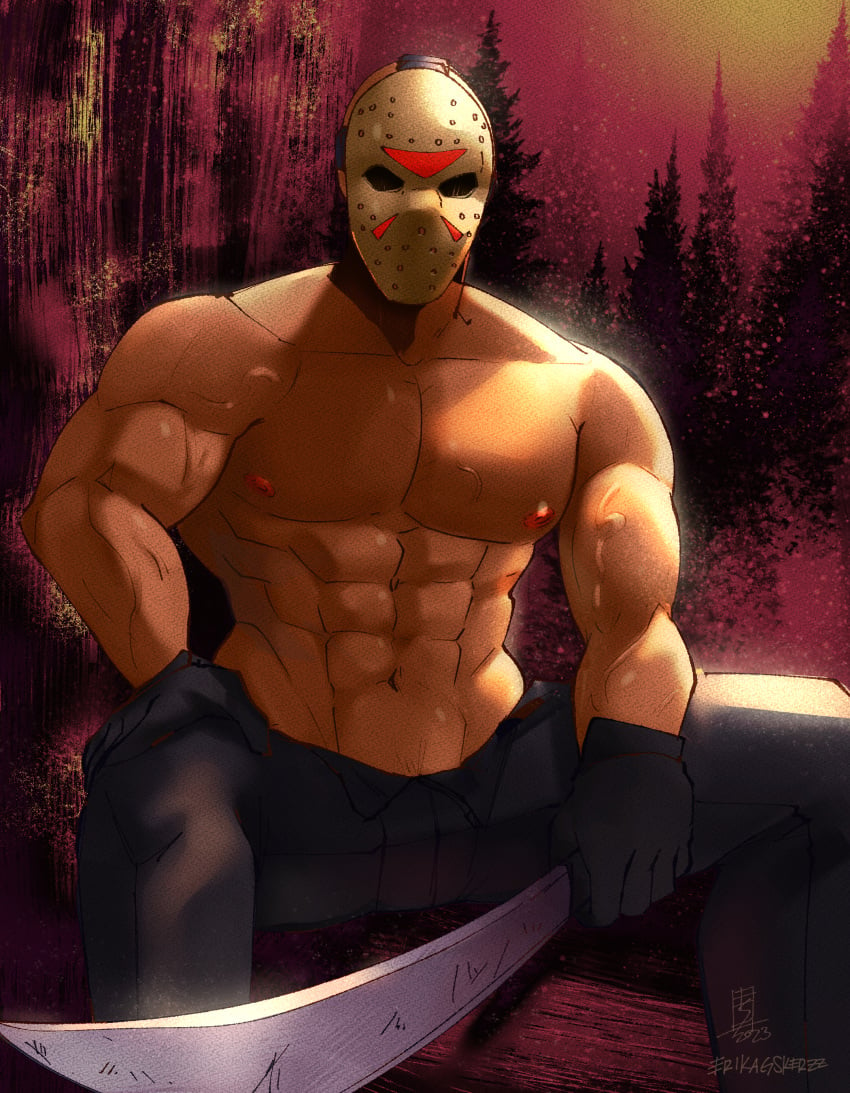 abs bara biceps clothing friday_the_13th hockey_mask jason_voorhees male male_nipples male_only manly mask masked masked_male muscular_male nipples pecs solo solo_male