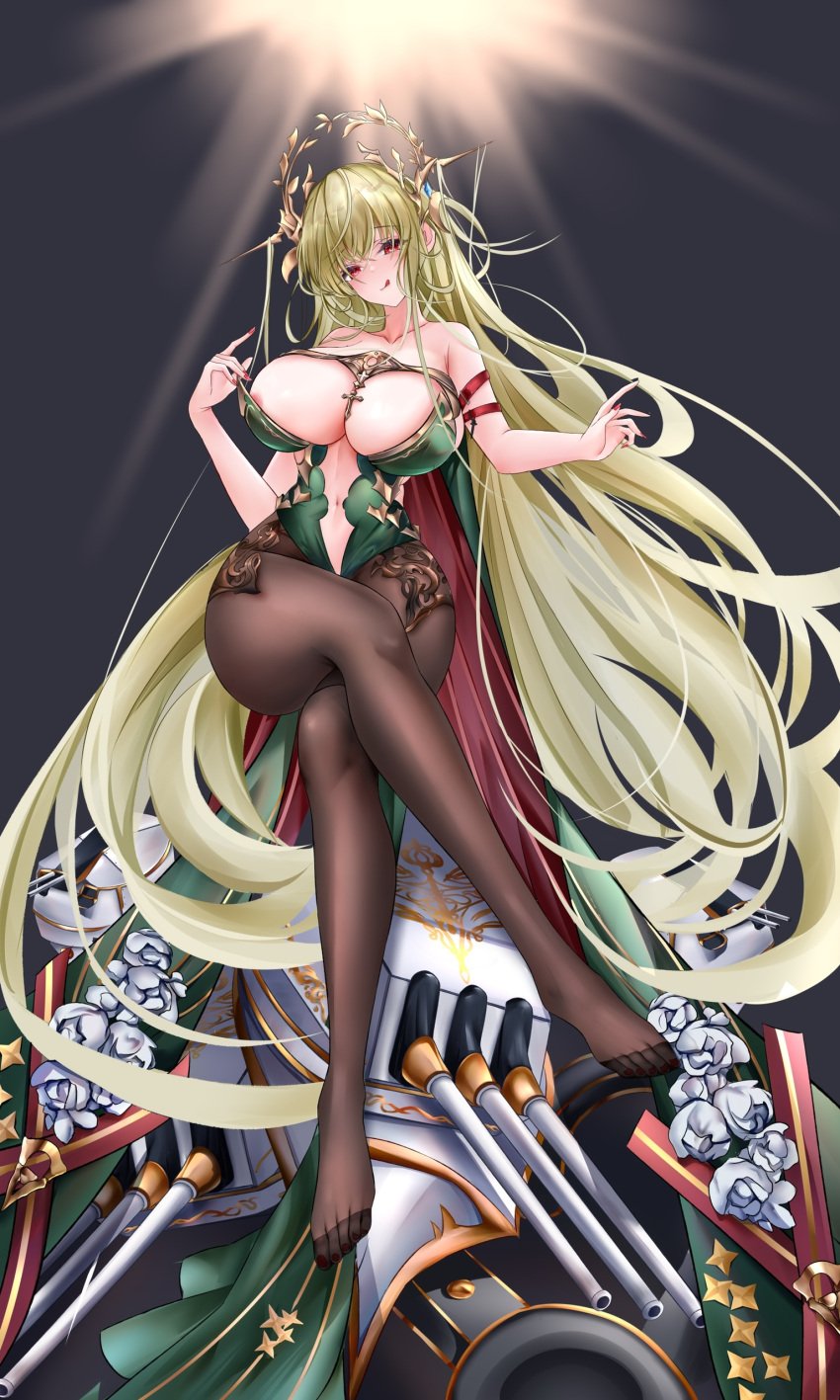 1girls absurdly_long_hair absurdres areola_slip azur_lane bare_shoulders breasts brown_pantyhose center_opening cleavage clothing_cutout collarbone crossed_legs dress dress_flower feet female flower full_body green_dress green_hair hair_between_eyes highres iue_(artist) large_breasts light-skinned_female light_skin long_hair looking_at_viewer nail_polish napoli_(azur_lane) navel_cutout no_shoes pantyhose red_eyes red_toenails sardegna_empire_(azur_lane) see-through see-through_legwear sitting solo strapless strapless_dress toenail_polish toenails toes very_long_hair white_flower