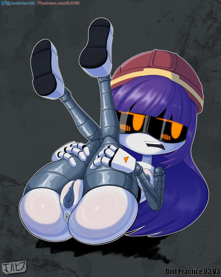 alternate_version_available anus ass blush breasts digital_media_(artwork) doll_(murder_drones) fanart glitch_productions grabbing_legs helmet jackintaro murder_drones nipples nude open_mouth purple_hair pussy red_eyes robot robot_girl simple_background worker_drone