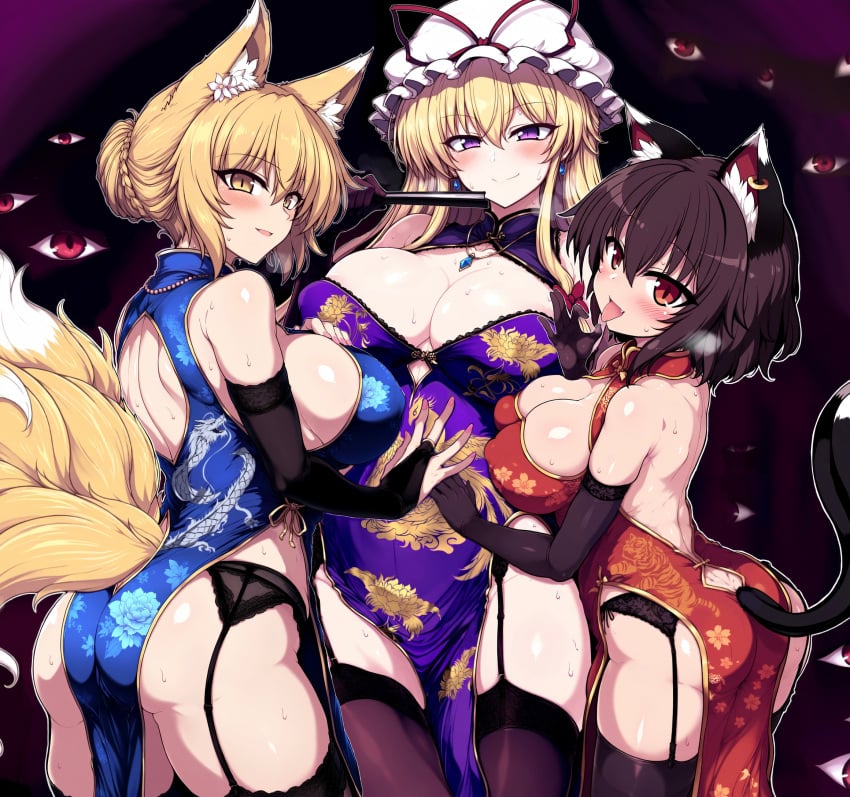 2d 3girls ai_generated ass bare_shoulders big_ass big_breasts blonde_hair breasts brown_hair cat_ears cat_tail cat_tails catgirl chen china_dress chinese_dress cleavage facing_away facing_viewer fangs female female_only fox_ears fox_girl fox_tail fox_tails garter_belt garter_straps gloves hasami_(artist) hat humanoid kitsune long_hair looking_at_viewer looking_back looking_back_at_viewer mob_cap nipple_bulge nipples nipples_visible_through_clothing open_mouth orange_eyes purple_eyes ran_yakumo short_hair sideboob smile smiling source standing steam suggestive_gesture suggestive_look sweat thick_thighs thighhighs thighs tied_hair tongue tongue_out touhou trio yellow_eyes yukari_yakumo