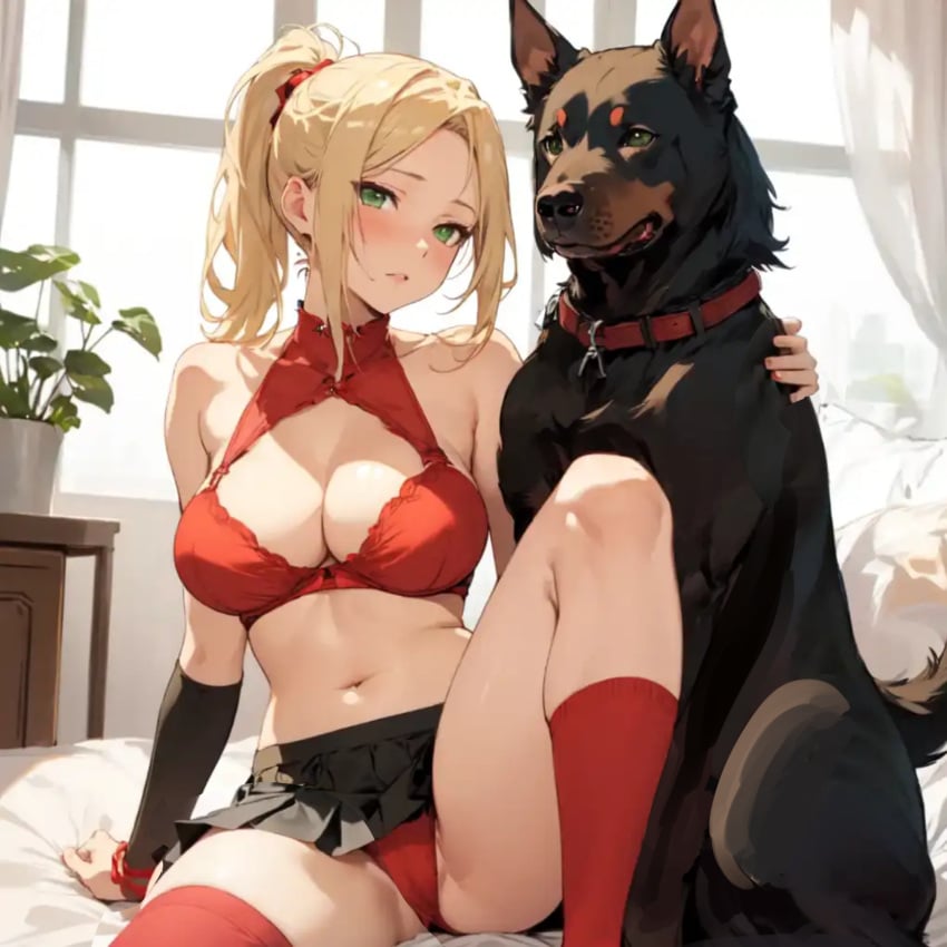 ai_generated big_breasts blonde_hair boob_window canine red_clothing red_panties side_ponytail spread_legs stockings topwear zoophilia