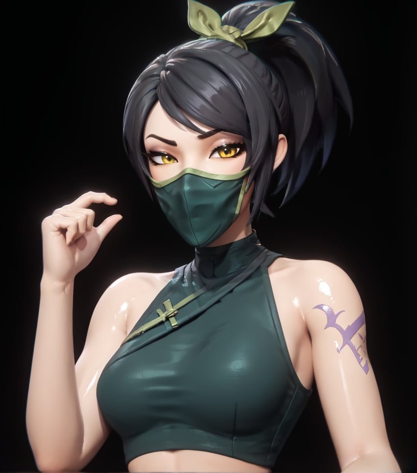 1girls ai_generated akali akali_jhomen_tethi black_background black_hair crop_top female female_only league_of_legends light-skinned_female light_skin looking_at_viewer pinching_gesture queensphynx riot_games shiny_skin simple_background small_penis_humiliation solo yellow_eyessph