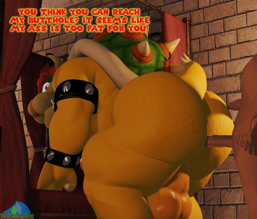 2024 3d_(artwork) albalbalb anthro armband ass balls bed bedroom big_balls big_butt bowser crouching digital_media_(artwork) duo english_text furniture genitals green_body green_scales hair hand_on_bed hand_on_butt hi_res huge_butt human inside koopa looking_back male male/male mammal mario_(series) muscular muscular_anthro muscular_male nintendo nipples penis penis_on_butt red_eyes red_hair scales scalie shell size_difference tail tan_body tan_skin text thick_thighs wall_(structure) watermark yellow_body yellow_scales