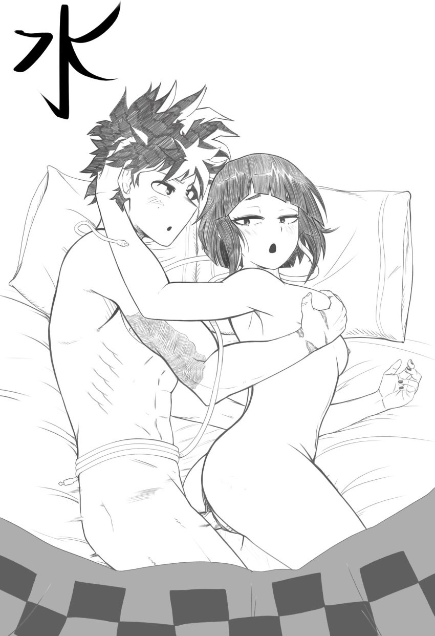 black_and_white boku_no_hero_academia from_behind from_behind_position hand_on_breast hand_on_head hand_on_hip izuku_midoriya jirou_kyouka kyoka_jiro looking_back looking_pleasured midoriya_izuku mizutori mizutori_(artist)my_hero_academia my_hero_academia on_bed on_side quirk_(mha) quirk_usage sex_from_behind sketch