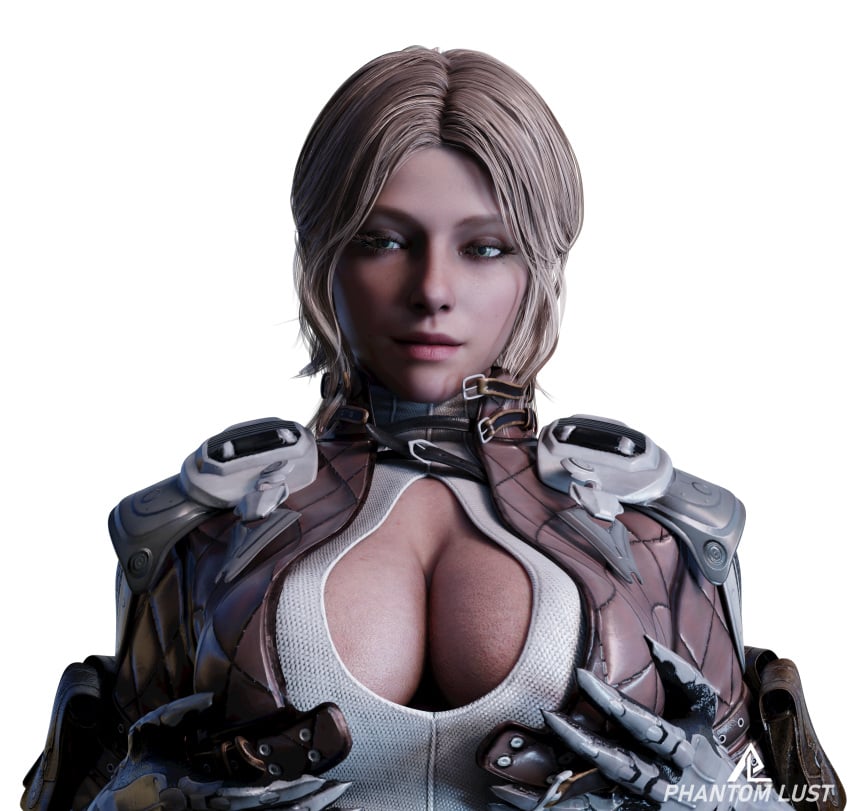 armored_gloves big_breasts blonde_hair blue_eyes boob_window female phantomlust seductive seductive_look short_jacket the_first_descendant up_close viessa_(the_first_descendant)