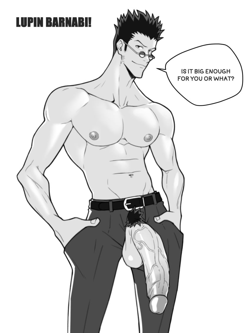 abs balls bara biceps big_balls big_penis clothing english_text hunter_x_hunter leorio_paladiknight lupin_barnabi male male_nipples male_only male_pubic_hair manly mature_male monochrome muscular_male nipples pecs penis text