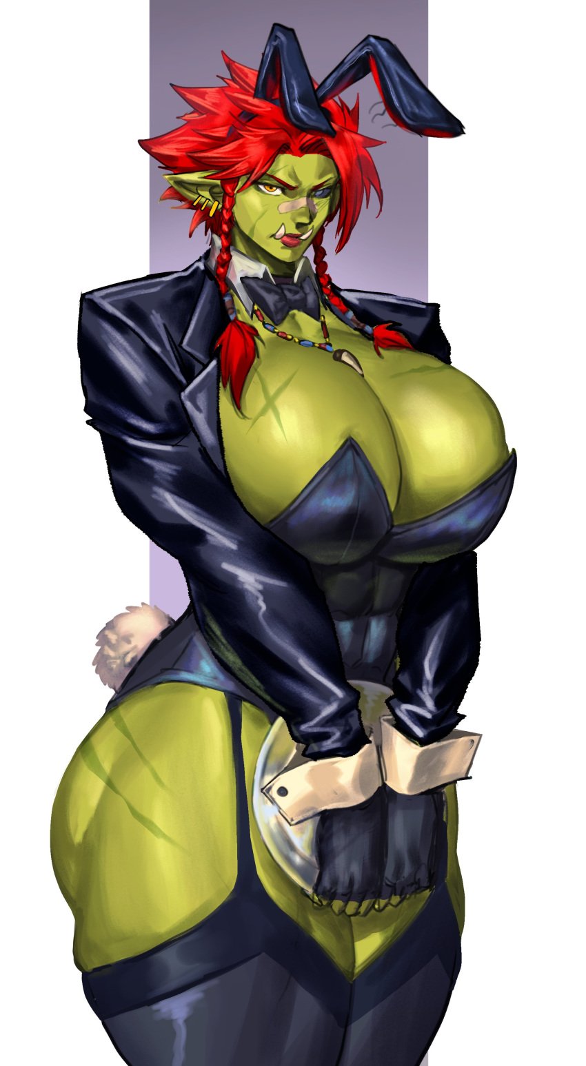 2d 2d_(artwork) bunnysuit cassandra_(virgoart1509) ear_piercing earrings female fingerless_gloves huge_breasts muscular muscular_female orc orc_female red_hair scars scars_on_arm scars_on_body scars_on_chest scars_on_face scars_on_thighs solo solo_female virgoart1509 waitress