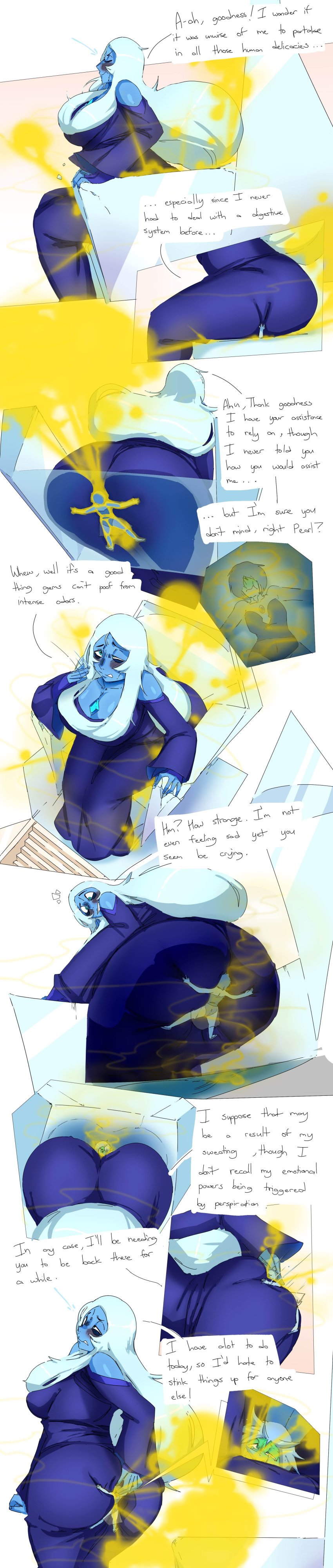 ass blue_body blue_diamond_(steven_universe) blue_eyes blue_hair blue_skin breasts butt_imprint cartoon_network cleavage colored diamond_(gem) diamond_authority fart fart_cloud fart_fetish fart_torture farting farting_in_face fat_ass gem_(species) lazei lemon_demon_(spirit_phone_album) pearl_(steven_universe) shaded steven_universe throne unaware