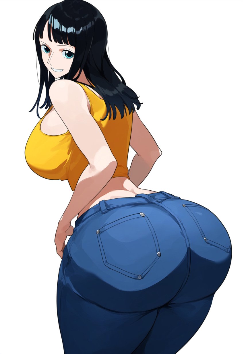 ai_generated artist_request ass_focus blue_eyes female female_only huge_ass jeans large_breasts looking_at_viewer lubbasdump midriff nico_robin nico_robin_(pre-timeskip) one_piece pre-timeskip simple_background smiling tank_top wide_hips