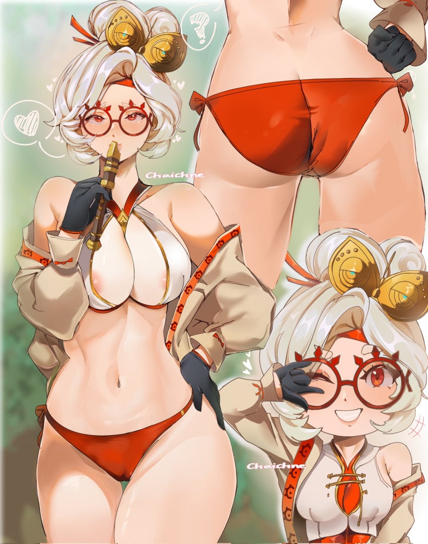 1girls ass booty breasts chaichne cleavage female female_only glasses large_breasts looking_at_viewer purah purah_(tears_of_the_kingdom) red_eyes smile solo tears_of_the_kingdom the_legend_of_zelda torn_clothes torn_clothing white_hair