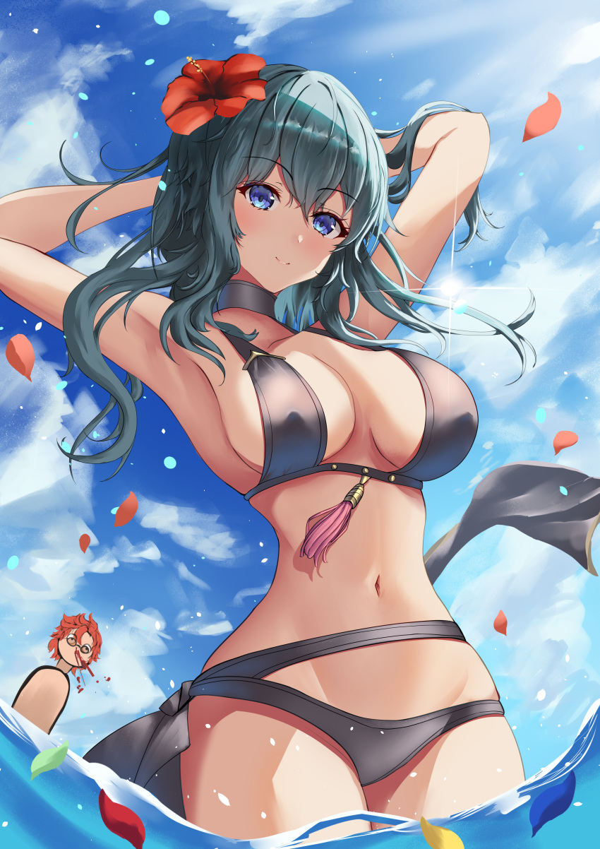 1girls alternate_costume arerex big_breasts bikini black_bikini black_swimsuit blue_eyes breasts byleth_(female)_(fire_emblem) byleth_(female)_(summer)_(fire_emblem) byleth_(fire_emblem) byleth_(fire_emblem)_(female) cleavage female female_only fire_emblem fire_emblem:_three_houses fire_emblem_heroes large_breasts nintendo official_alternate_costume revealing_clothes swimsuit sylvain_jose_gautier sylvain_jose_gautier_(summer) teal_hair