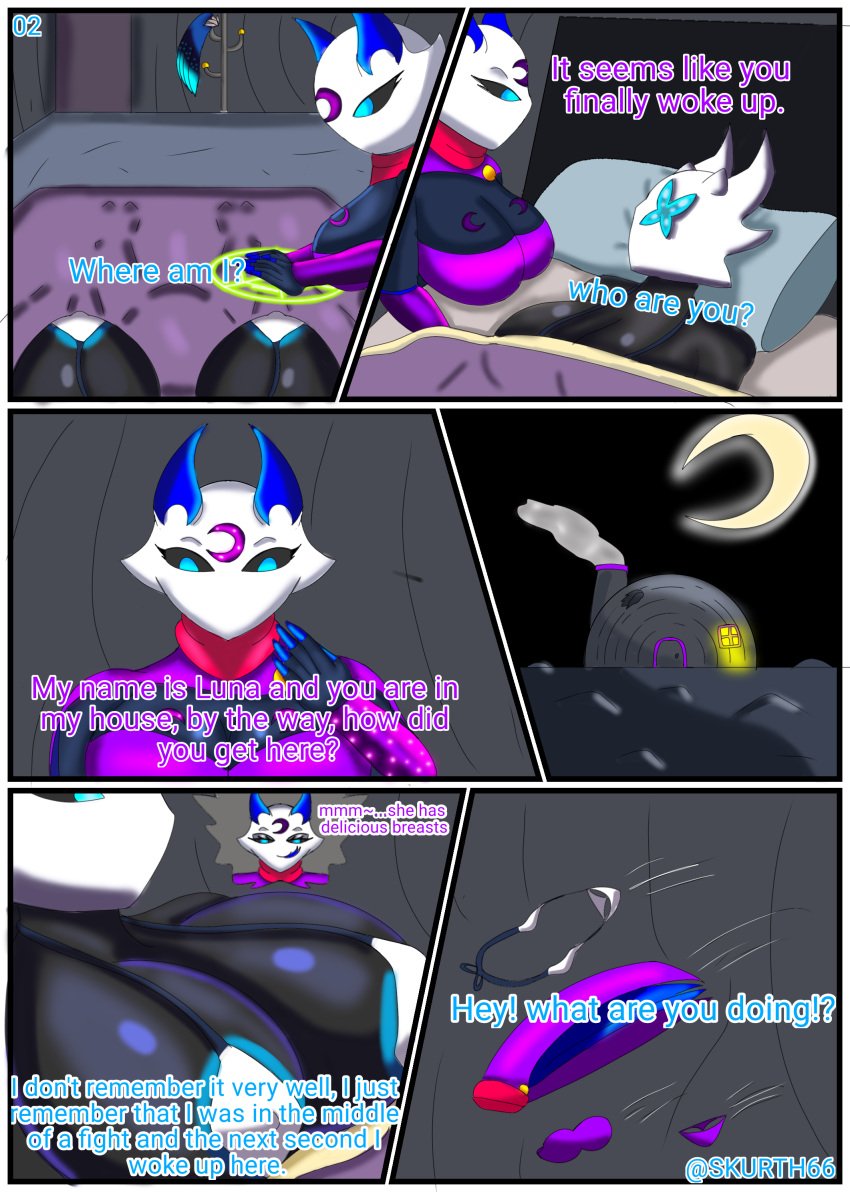 2girls big_breasts comic_page english_text hollow_knight inminent_sex lampy_(azura_inalis) luna_(skur) page_2 page_number skurth66 vessel_(species)