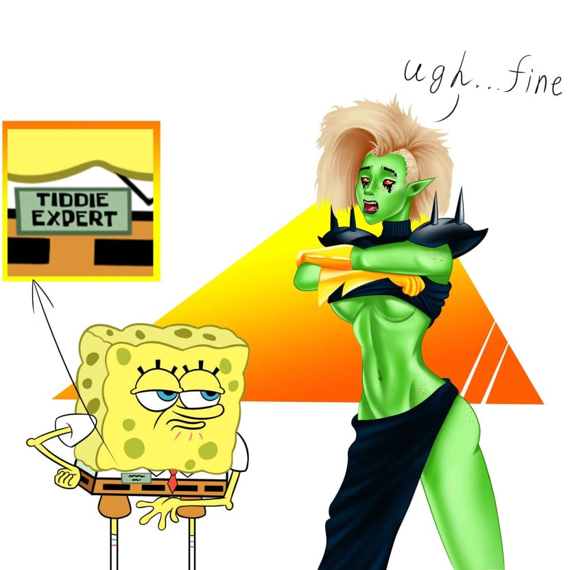 1boy 1girls alternate_version_available female freakybob_pisspants_(character) green_skin hypermorphism_(artist) lord_dominator male sea_sponge spongebob_squarepants spongebob_squarepants_(character) tight_clothing white_hair