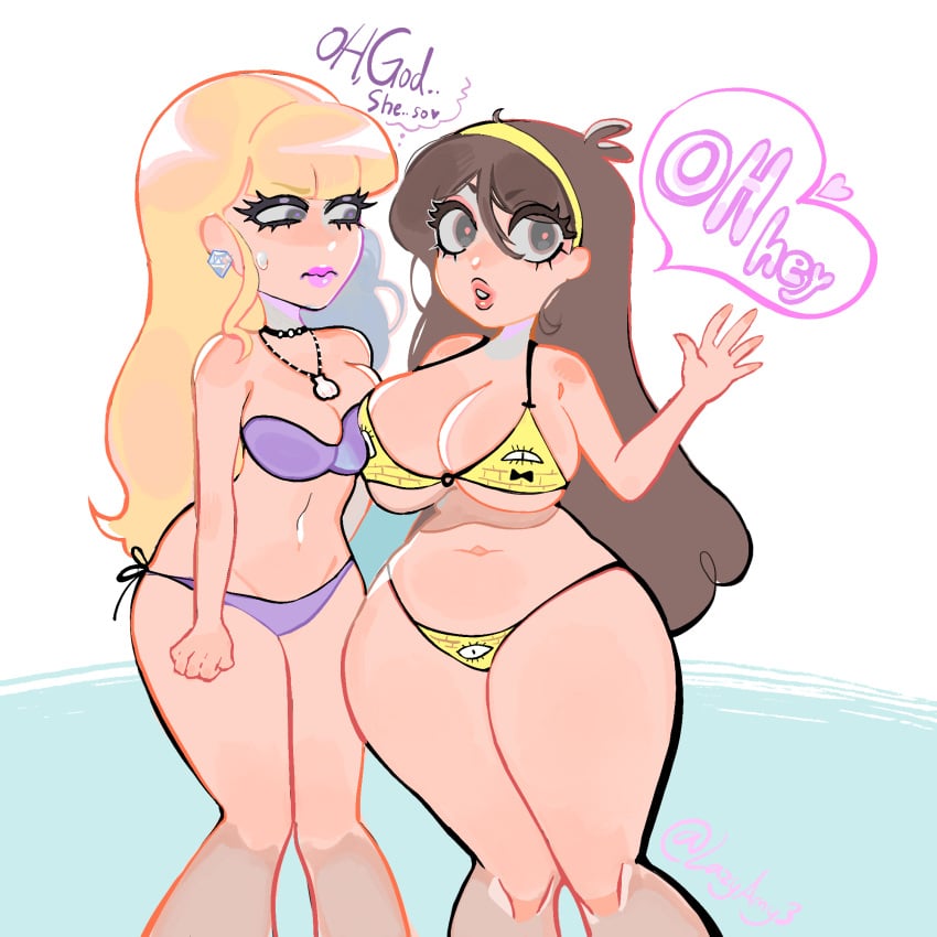 big_ass big_breasts bikini bill_cipher female female_focus female_only gravity_falls lazyamy lesbian looking_at_breasts mabel_pines pacifica_northwest shell_necklace tagme thick_thighs thought_bubble wide_hips