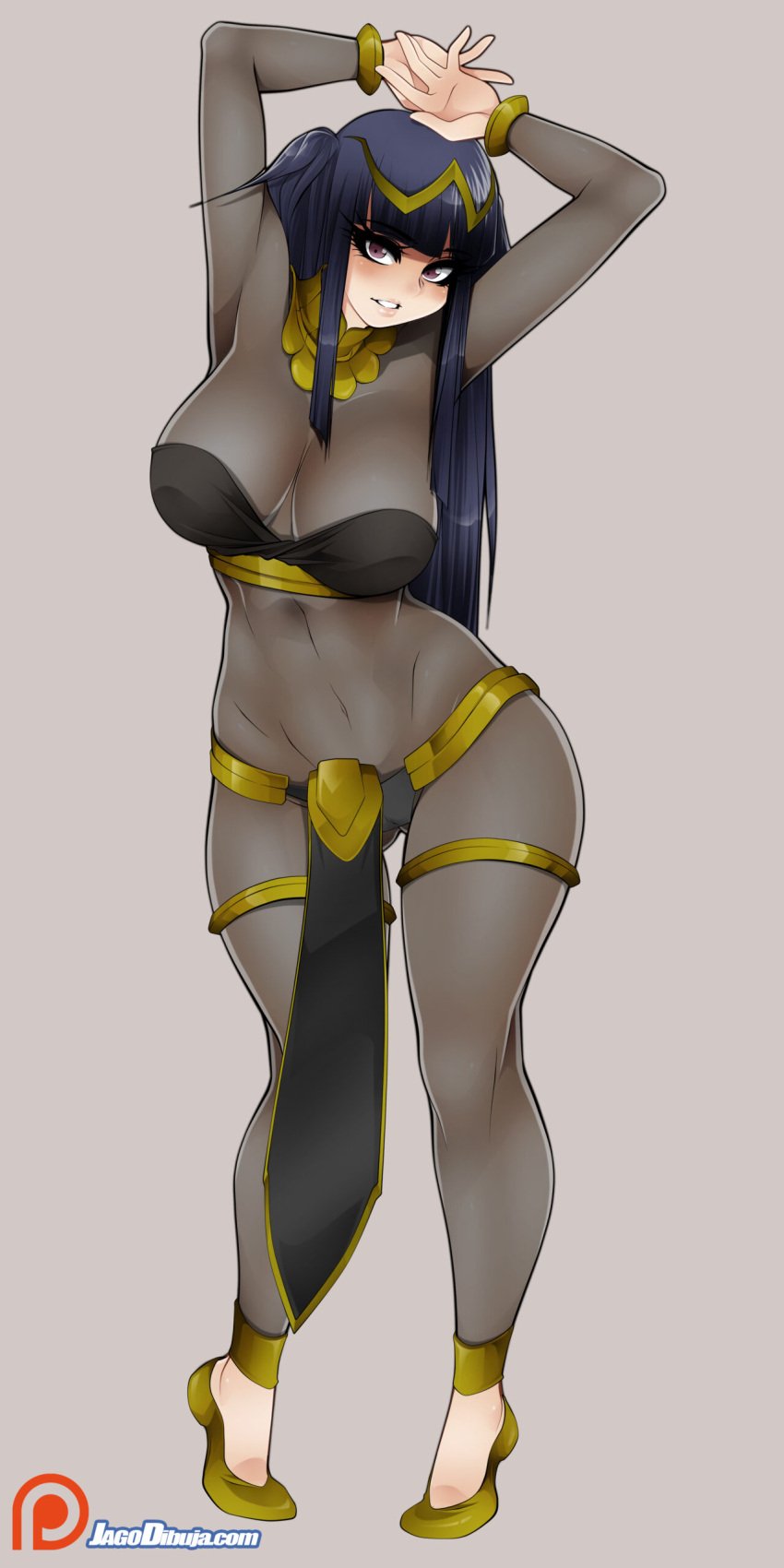 1girls armpits arms_above_head belly black_hair black_panties bodystocking brown_eyes cameltoe cleavage female female_only fire_emblem fire_emblem_awakening full_body jago_dibuja large_breasts looking_at_viewer nintendo panties partially_visible_vulva pelvic_curtain slippers solo tharja_(fire_emblem) underwear