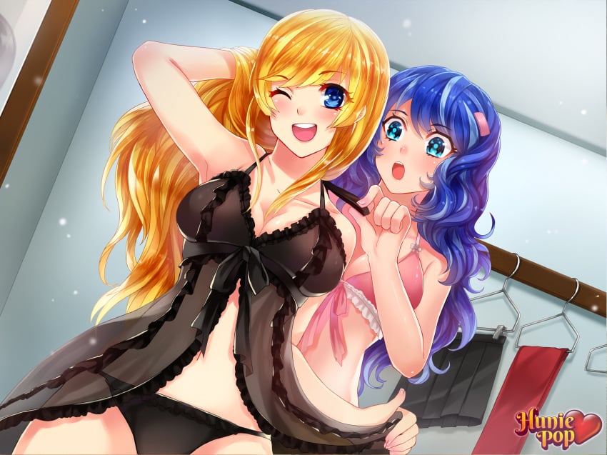 2girls accurate_art_style blonde_hair blue_eyes blue_hair female huniepop nikki_ann-marie tiffany_maye