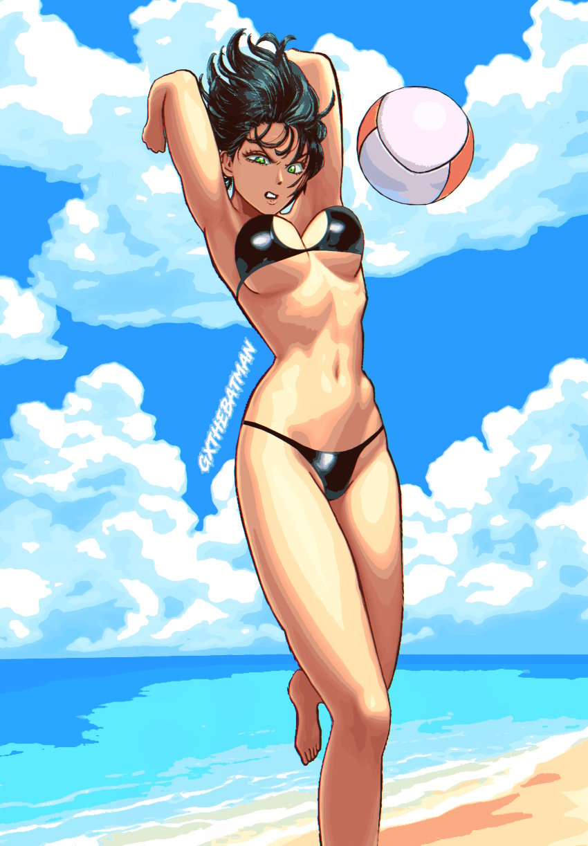 1girls 2d arms_above_head artist_name ball beach beach_ball big_breasts bikini black_bikini black_hair breasts cleavage clouds color detailed_background edit female female_only fubuki_(one-punch_man) green_eyes gxthebatman hi_res jumping ocean one-punch_man revealing_clothes shiny_clothes skimpy_clothes sky underboob water