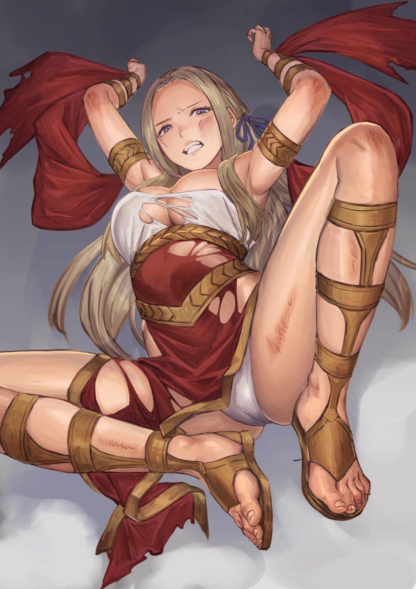 1girls absurdres alternate_costume ancient_greek_clothes armlet armpits blonde_hair bracelet breasts bruise bruise_on_arm bruise_on_face bruise_on_leg choker cleavage clenched_teeth commission daisuke_6897 dancer dancer_(fire_emblem:_three_houses) dancer_outfit defeated defeated_heroine dress edelgard_von_hresvelg fire_emblem fire_emblem:_three_houses fire_emblem_warriors:_three_hopes gladiator_sandals greco-roman_clothes grey_hair hands_up highres imminent_rape injury jewelry large_breasts looking_at_viewer lying nintendo official_alternate_hairstyle on_back on_floor panties partially_visible_vulva pelvic_curtain purple_eyes sandals single-shoulder_dress single_strap skeb_commission solo spread_legs teeth thighs torn_clothes underwear white_panties