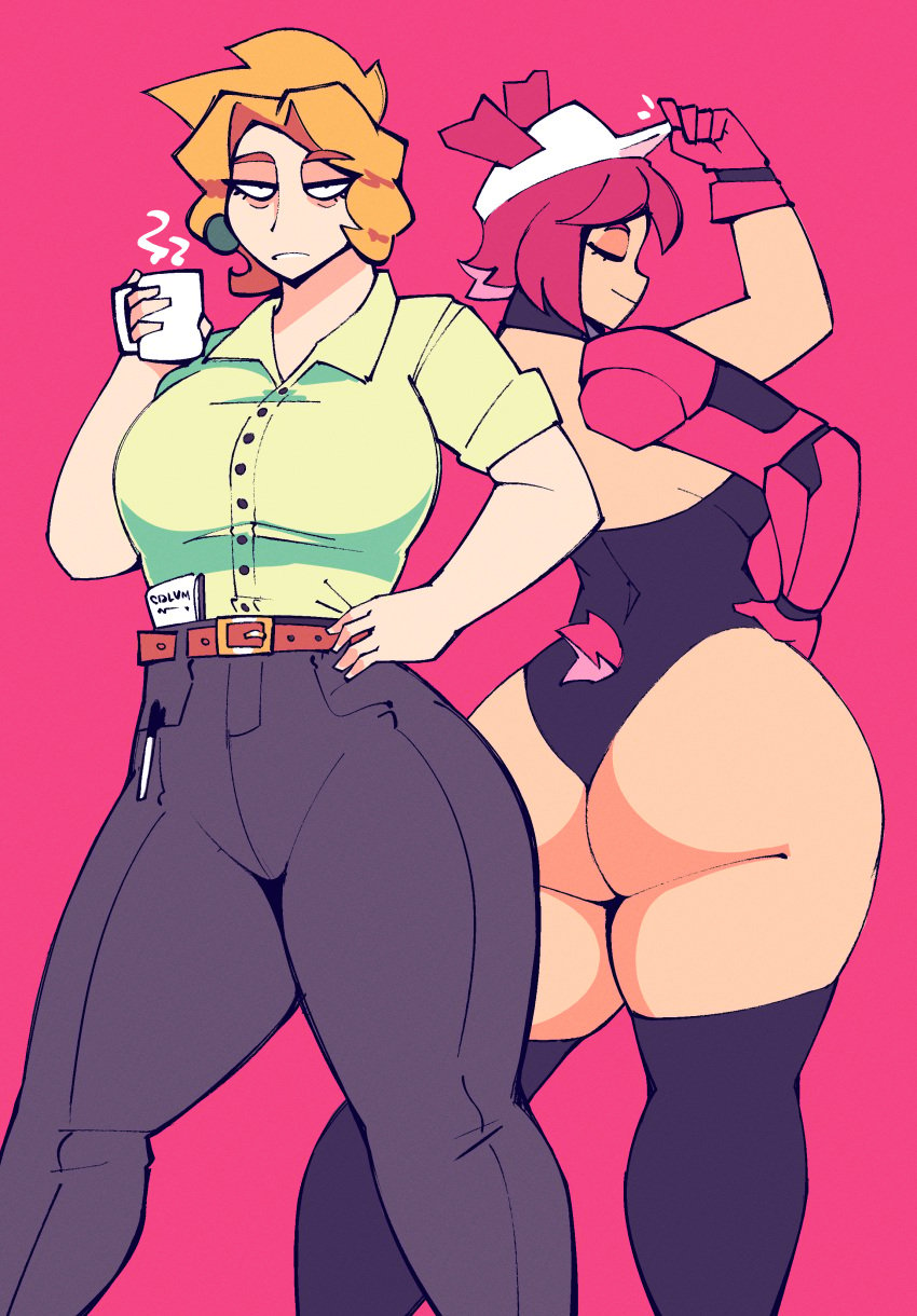 2d 2d_(artwork) 2girls ass big_ass big_butt blonde_hair cdlum character_request closed_eyes coffee coffee_mug duo duo_female female female_only high_resolution highres holding_drink holding_object huge_ass huge_butt leotard light-skinned_female light_skin pale-skinned_female pale_skin pink_hair pose simple_background thick_thighs thighhighs thighs tired tired_eyes