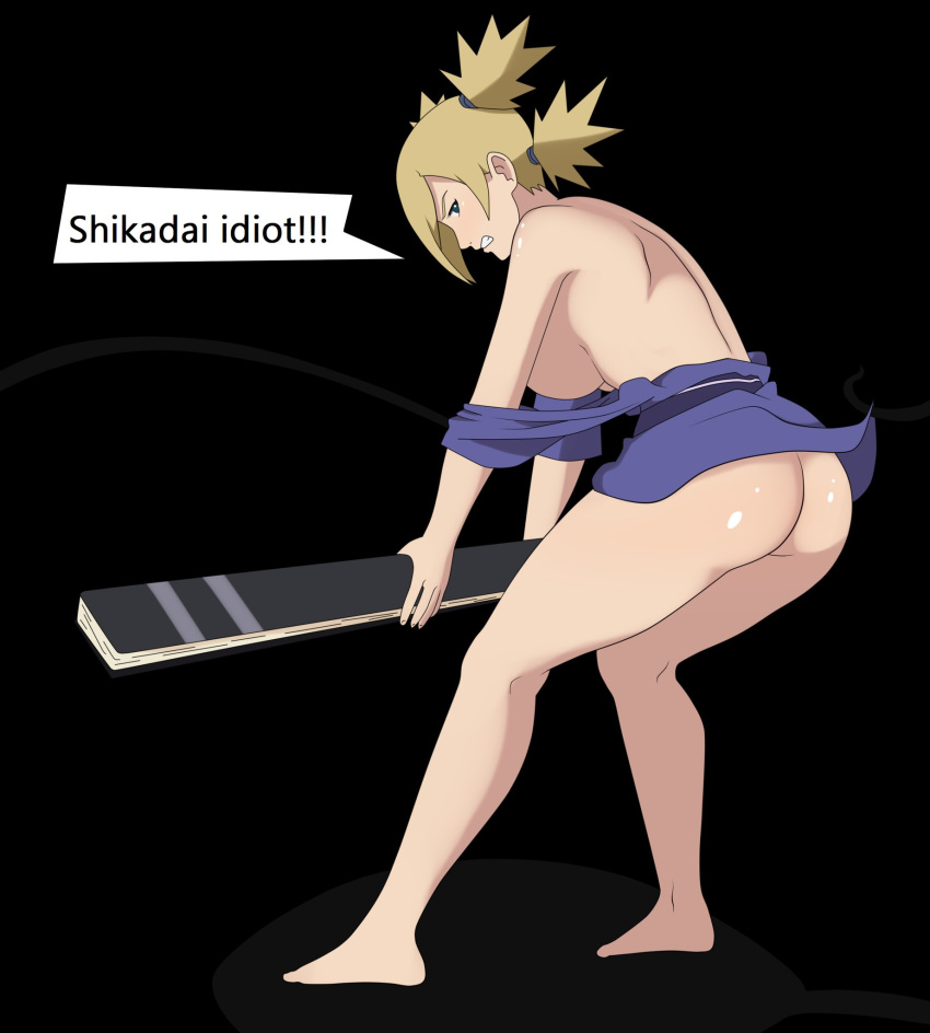 angry ass bare_shoulders barefoot black_background blonde_hair boruto:_naruto_next_generations breasts cristalmanor exposure folding_fan green_eyes holding_object kimono_lift kimono_pull naruto naruto_(series) quad_tails restrained simple_background temari text tied_hair undressed