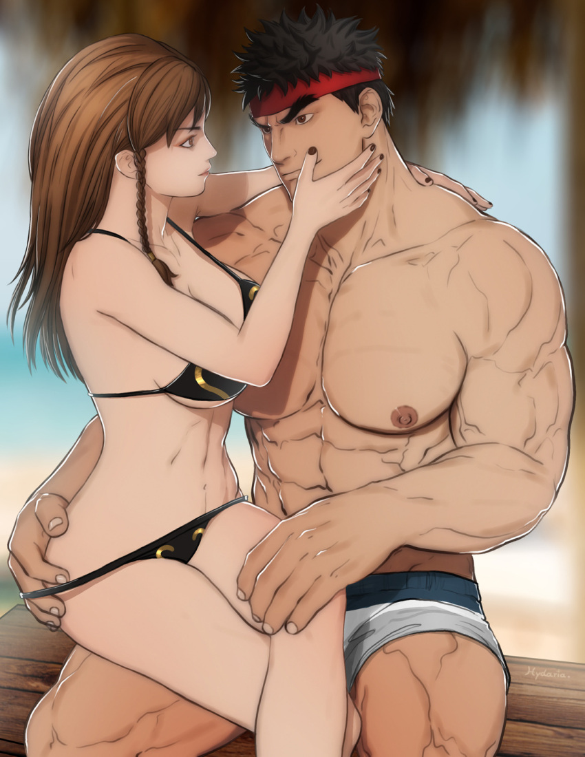 1boy 1girls abs ass ass_grab bikini black_bikini black_hair black_swimsuit blush braid breasts brown_eyes brown_hair bulge chun-li clothing eye_contact facial_hair female groping hair_down hand_on_another's_face headband headwear high_resolution hydaria large_breasts large_pectorals long_hair looking_at_another male male_swimwear male_underwear muscle muscular_female muscular_male navel nipples outdoors pectorals penis red_headband ryu_(street_fighter) short_hair shorts sitting sitting_on_lap sitting_on_person straight swimsuit thick_thighs thighs tied_hair topless topless_male underwear veins