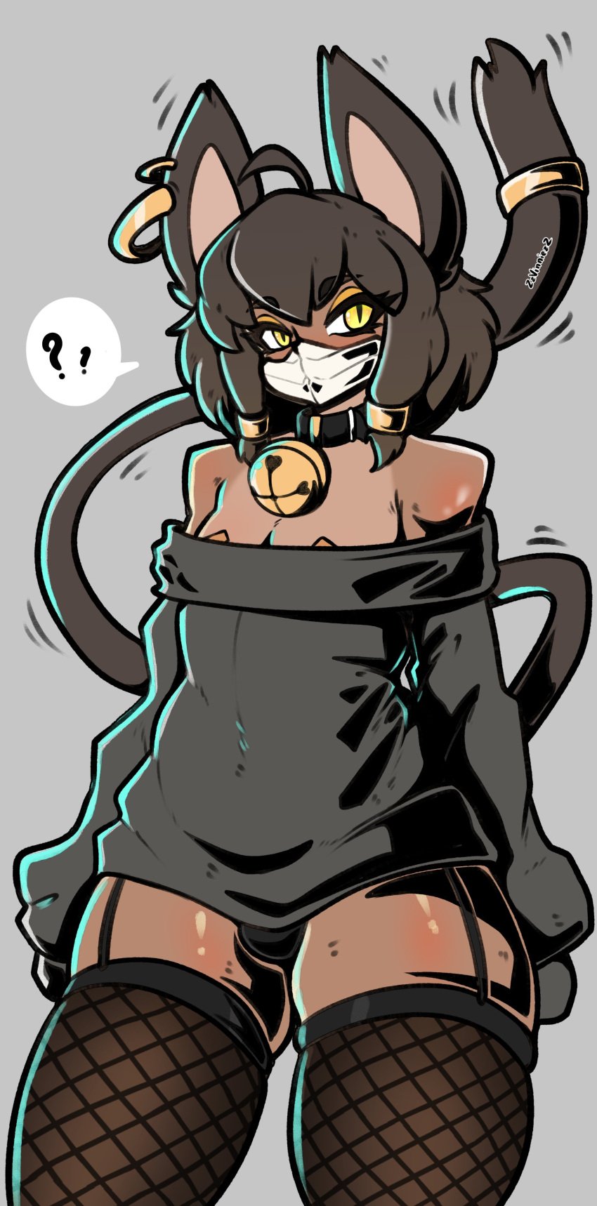 1boy ?? ahoge bastet_(mythology) bell_collar big_bell brown_hair brown_tail bulge_under_clothes cat_ears cat_tail catboy clothed collar ear_piercing earrings femboy flat_chest garter_straps gold_(metal) gold_earrings gold_jewelry long_sleeves long_tail mask masked_male open_topwear slit_pupils stockings tagme thighhighs thin_tail yellow_eyes yellow_eyeshadow zzvinniezz