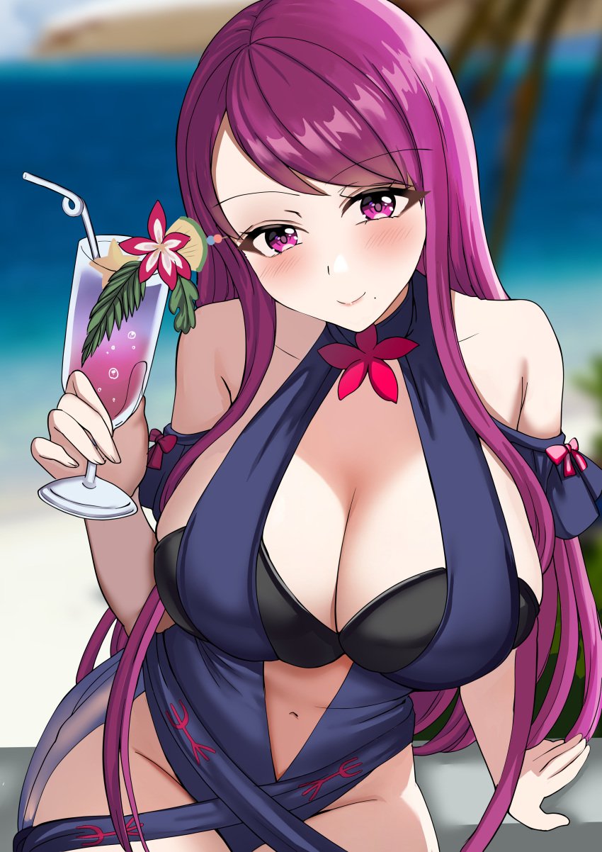 1girls alternate_costume arm_support bare_midriff bare_thighs beach blue_one-piece_swimsuit blue_swimsuit cleavage drink female female_only fire_emblem fire_emblem_engage fire_emblem_heroes glass ivy_(fire_emblem) ivy_(summer)_(fire_emblem) long_hair looking_at_viewer midriff mole mole_under_mouth nintendo ocean official_alternate_costume one-piece_swimsuit outdoors palm_tree pink_eyes purple_hair sitting smile solo swimsuit tara_(szzj7733) thighs tree very_long_hair