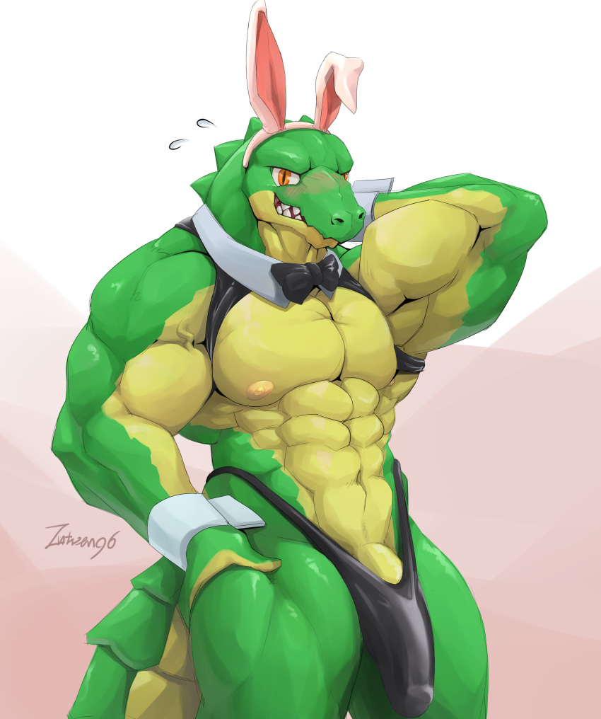 1boy 2019 abs absurd_res anthro banana_hammock bara biceps big_biceps big_muscles black_bottomwear black_clothing black_underwear blush bodily_fluids bottomwear bow_tie bulge bunny_costume chippendales clothed clothing costume crocodile crocodilian crocodylid digital_media_(artwork) fake_bunny_ears fake_ears fake_rabbit_ears flex flying_sweatdrops front_view gay gay_male genitals gradient_background green_body green_scales green_skin green_tail hand_behind_head hand_on_hip hi_res humanoid intven96 league_of_legends looking_at_viewer male male_only multicolored_body multicolored_scales multicolored_tail muscles muscular muscular_anthro muscular_male navel nervous nipples orange_eyes pecs penis penis_base portrait pupils quads renekton reptile ridged_tail riot_games scales scalie serratus_anterior shy signature simple_background six_pack slit_pupils smile smirk solo standing sweat sweatdrop teeth tenting thick_tail thong three-quarter_portrait two_tone_body two_tone_scales two_tone_tail underwear video_games white_ears wide_shoulders wrist_cuffs yellow_body yellow_nipples yellow_penis yellow_scales yellow_tail